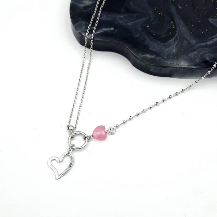 Naszyjnik srebrny z różowym serduszkiem